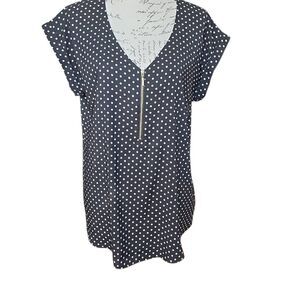 Express Women's Size Large Black White Dot Gold Zipper V-neck Satin Blouse